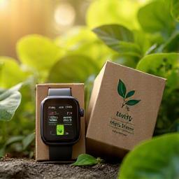 Eco-friendly packaging and smartwatch displayed on green foliage