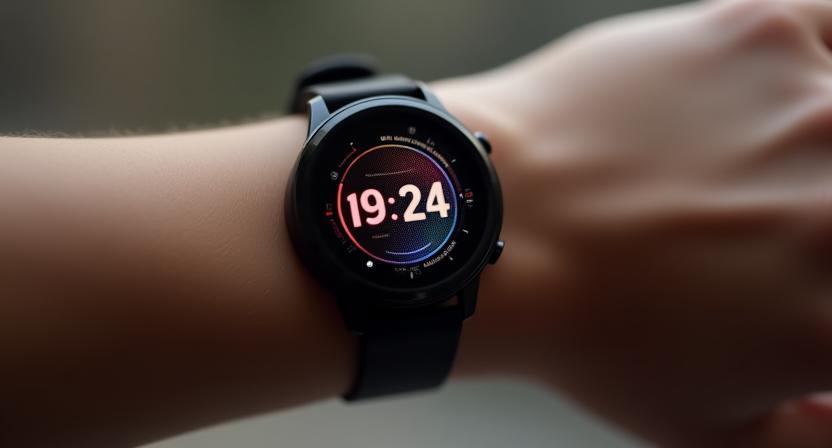 Close-up of Netherlands smartwatch on wrist displaying time and health metrics