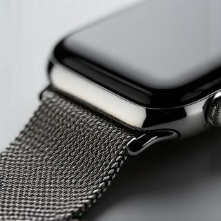 Close-up of Milanese smartwatch strap in silver